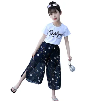 Fete Seturi de Îmbrăcăminte de Bumbac T-shirt+Sifon Pantaloni Largi Copii Haine pentru varsta de 8 10 12 Ani Copil Fata de Plaja Vara Costume de Moda