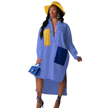 2019 Cu Dungi Cu Maneci Lungi Tricou Femei Rochie De Turn-Down Guler Buton-Up Bluza Vrac Rochie Casual Streetwear Supradimensionate Cămașă Rochie