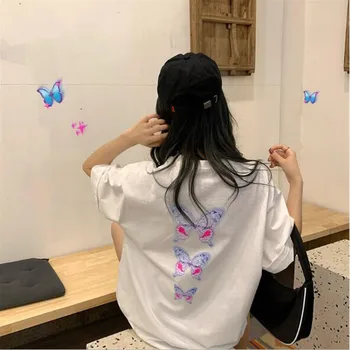 Primavara-Vara Noi Femei tricou Butterfly Print cu Maneci Scurte Rotund Gat tricou Femeie din Bumbac Spandex T shirt Femei