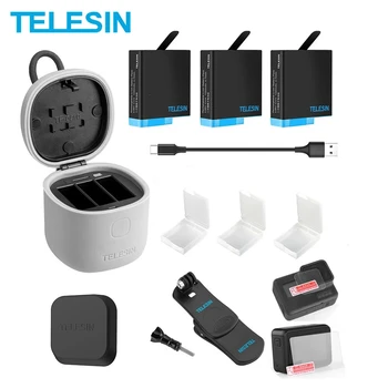 TELESIN 3Pack Baterie + 3 Sloturi Încărcător Cititor de Card TF de Încărcare Cutie de Depozitare Rucsac Clip Capac Obiectiv pentru Gopro Hero 8 7 6 5 Negru