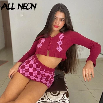 ALLNeon Y2K Fashion Argyle Carouri Tricotate Co-ord Seturi de E-fata Dulce cu Maneca Lunga Volane Culturilor Topuri și Fuste Mini Costum 2 Piese Roșu