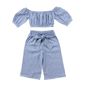 2018 cel mai Nou Brand de copii pentru Copii Fete Casual Albastru cu Dungi Jumătate Maneca Topuri+Bowknot Liber Largi Picior Pantaloni Costume Seturi 1-6Y
