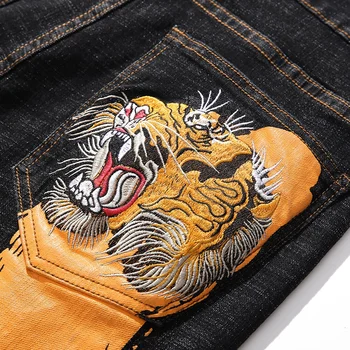 Japonia Bărbați Stil Broderie Tigru Jean Slim Jeans De Imprimare De Înaltă Stradă Rece Pantaloni Din Denim Paris Arată Streetwear De Sex Masculin Casual Uimitor