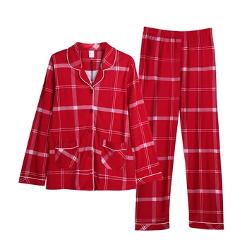 Moda Roșu Moale Nouă Maneca Lunga, Pantaloni Lungi de Iarnă Bărbat și Femeie Pijama Set Pijamas Pereche de Pijamale din Bumbac , Carouri de Imprimare