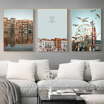 Vintage room decor Veneția Retro Peisajul Arhitectural de Mare Oraș Poster de Perete de Arta Canvas Print Clădire Pictura Peisaj