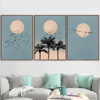 Sun Moon Pasăre Palmier, Peisaj Arta De Perete Panza Pictura Nordică Postere Si Printuri Poze De Perete Pentru Camera De Zi Decor De Perete