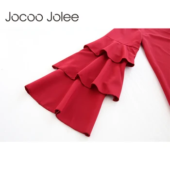 Jocoo Jolee 2018 Nou Liber în Cascadă Volane Mâneci Rochie pentru Femei V-Neck Rochie Dreaptă de Iarnă și de Primăvară Rochie Casual Rosie