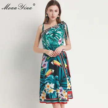 MoaaYina Designer de Moda Costum de Primavara-Vara pentru Femei frunză Verde Papagal rochie de Imprimare+Dantela-up Eșarfă set de Două piese