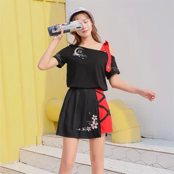 Merry Destul de Noua Moda de Vara pentru Femei Seturi de Broderie de Pe Un Umăr Halter Negru T-shirt + Plisata Fusta Mini Fete Costume