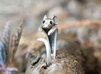 Vintage Mouse-ul Inel Retro Lustruite Rat Animale de Bijuterii de Inel Reglabil Gratuit Dimensiune Folie Inel de Cristal Negru idee de cadou-