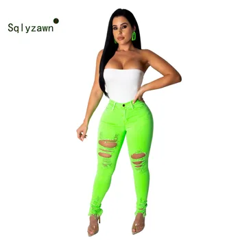 XXL Neon Verde Portocaliu Sexy Talie Inalta Blugi Pantaloni Femei Elastic Găuri Casual Pantaloni din Denim Streetwear Plus Dimensiune Pantaloni de Creion
