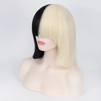 Aceasta Acționează SIA Anime Cosplay Peruca Par Sintetic Femei Halloween Jumătate Blond Negru Bob Scurt Peruci Cu Breton 35cm