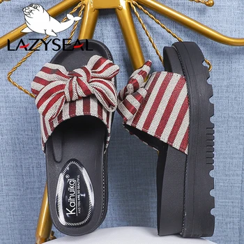 LazySeal Pană Fund Gros Papuci De Femei Pantofi Pentru Fata De Vara Bowknot Baie Acasă Diapozitive, Flip Flops În Aer Liber Feminin Încălțăminte