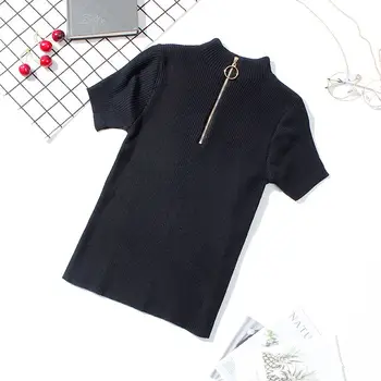 2019 Vara solid knit T-Shirt Femei Casual Mâneci Scurte Top bază Subțire tricotate T-shirt de sex Feminin Fals Fermoare T-shirt G383