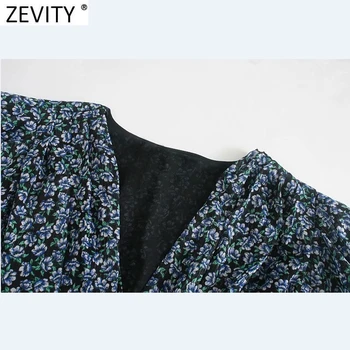 Zevity Femei Dulce Cruce V Gât Scurt Imprimare Bluza Casual Manșon de Puf Tiv Elastic Sifon Tricouri Chic Feminin Blusas Topuri LS7323