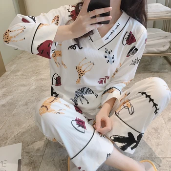 Femei costum de pijama de bumbac vrac și drăguț acasă purta costum V-gât confortabil cu mâneci lungi două piese pijamale JJF0051