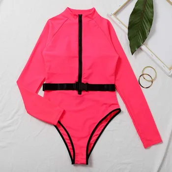 Noua Culoare Roz-O Bucată de costume de Baie Centura Maneca Lunga, Costume de baie Sport pentru Femei Înot Costum de Baie pe Plajă Uzura Scăldător Surfing 2021