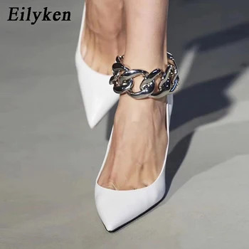 Eilyken De Moda De Argint Mare Lanț De Proiectare Femei Tocuri Inalte Sexy Degetul Ascutit Cataramă Glezna Curea Sandale De Doamnelor Pompe De Pantofi De Nunta