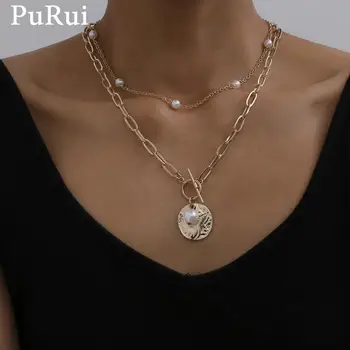 PuRui Baroc Pearl Pandantiv Moneda Cravată Colier pentru Femei de Aur de Culoare Lanț Lung Colier Gotic Epocă Stratificat Bijuterii Perla