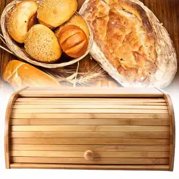 Bambus Roll Top Din Lemn Flip-Pâine Coaptă Cutie De Praf-Dovada De Stocare Bin Bucătărie Alimentare Cutie De Depozitare Container Organizator