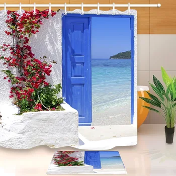 Floare roșie Albastru greacă Ușa cu o Vedere la Mare de pe Insula Perdea de Duș Cu Baie Mat Set Material rezistent la apa Pentru Baie Decor