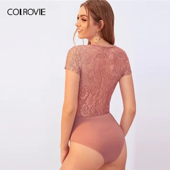COLROVIE Roz Cufunda Gât Pur Dantelă Ghipura Wrap Body Femei Pur Skinny Body 2019 Vara Adânc V Gâtului Sexy Costume