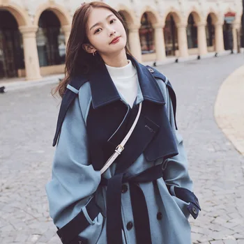 Femei Haină de Lână Noi Gros de Iarna Cald Albastru Mozaic Dublu Rânduri Libere coreean Lână Outwear Jacket casaco feminino