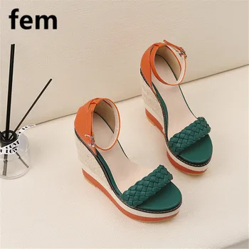 FEM Plat Sandale cu Platforma Pentru Femei de Vara Espadrile Tricot Sandale Femei Tocuri Înalte de Moda Tocuri Pană Pantofi Doamnelor Curea Glezna
