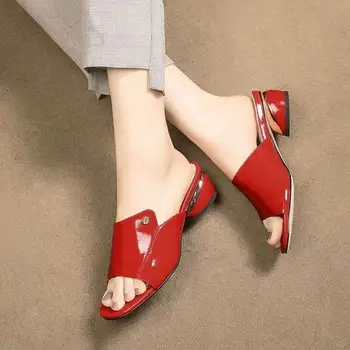 Roșu PU Piele Strălucitoare de Cusut Paiete Copita Tocuri Papuci de casă Sexy Gură de Pește Non-Alunecare Roma Femei Pantofi de Designer de pantofi Sandale