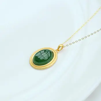 Naturale Hetian jad verde, jad Ovală Pandantiv Colier Chineză stil retro unic aur ambarcațiunile de farmec pentru femei bijuterii de argint