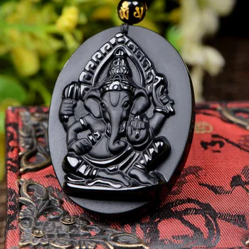 Picătură de Transport maritim Obsidian Elefant Ganesha Amuleta pandantiv cu Lanț obsidian Binecuvântare Norocos pandantive