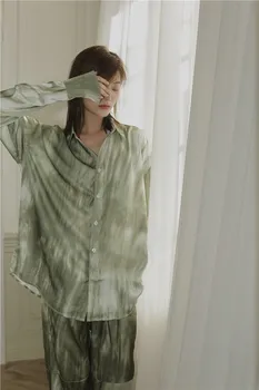 CHEERART Tie Dye Muștar Verde, Camasa cu Maneca Lunga de Toamna 2020 Femei Topuri Si Bluze Butonul Up Guler Tricou de Designer de Moda