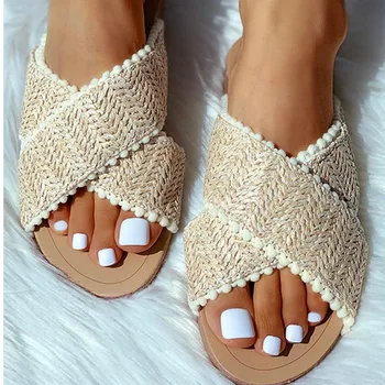 SARAIRIS INS FIERBINTE Casual confortabile Sandale de paie pe plaja, vacanta, Agrement boemia stil plat cu Pantofi de Vara pentru Femei Papuci