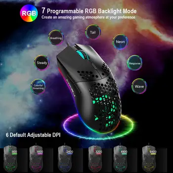 HXSJ J900 RGB Iluminat Programabil Mouse de Gaming cu Șase DPI Reglabil tip Fagure Gol Design Ergonomic pentru Desktop Laptop