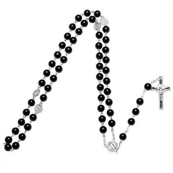 Sticlă neagră rozariu Catolic, Cruce, Crucifix Smqlivb religioase Fecioara Maria pandantive colier lanț de Aliaj 70cm+15cm