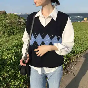 Femei Pulover Vesta Toamna Anului 2020 Coreeană Stil Vintage Geometrice Argyle V Gâtului Fără Mâneci Pulover Tricotate Femei Pulovere Topuri