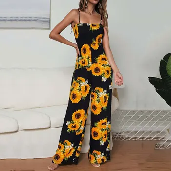 În 2020, De Vară, Floarea-Soarelui Picior Salopeta Femei Salopeta Lunga De Sex Feminin Doamnelor Salopeta Eleganta Floral Romper Salopete Pentru Femei