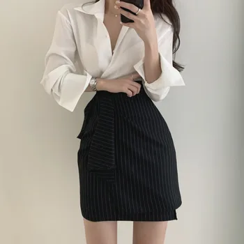 Toamna Casual Coreean Două Bucata Set Bluze Pentru Femei Culturilor De Sus Cu Dungi Talie Inalta Fusta Mini Set Birou Doamnă De Sex Feminin Din Două Piese Utilaje
