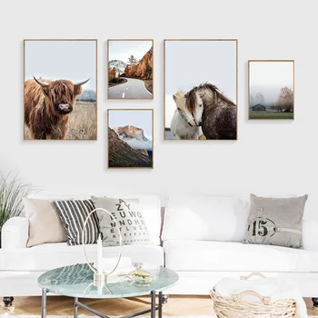 Scandinave Decor Imagine De Toamnă, Natură, Peisaj, Arta De Perete Poster Stil Nordic Căprioară Vacă De Munte Imprimare Panza Pictura