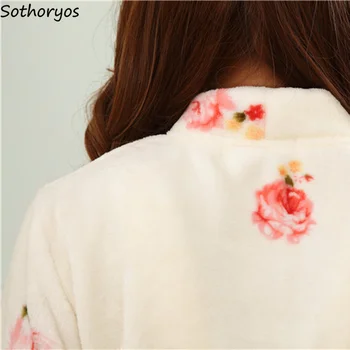 Haine Femei Mai Gros Floral Cald Stil Coreean Flanel Genunchi-Lungime Halat Femei Cu Maneca Lunga Kawaii Rochie De Petrecere A Timpului Liber Seturi Doamnelor Drăguț