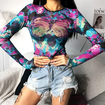 ArtSu Colorat Fluture Maneca Lunga Print Crop Top Tricou de Vară 2020 Femei Sexy Zburli Mesh Tee Shirt Femei T-shirt ASTS21549