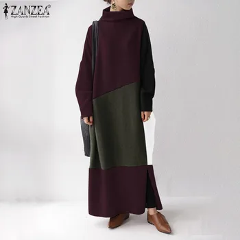 Moda Toamna cu Maneci Lungi Tricou Rochie ZANZEA Femei Guler Mozaic Sarafan Casual Lână Pulover Maxi Vestidos Halat