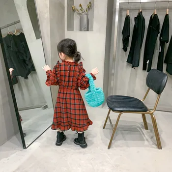 Toamna New Sosire stil coreean bumbac vânzare fierbinte carouri maneca lunga casual printesa rochie lunga de drăguț copil dulce fetele