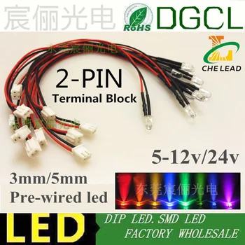 100buc 12V/24V Pre-fir 3mm 5mm Led-uri bec cu 2-PIN Terminal Block Cald alb/Rosu/Verde/Albastru/Galben/Alb 20cm Precablat LED