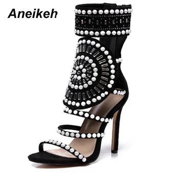 Aneikeh Sandale Femei De Moda Deget De La Picior Deschis Stras Design Sandale Cu Toc Înalt De Cristal Glezna Folie Sclipici Diamant Sandale Gladiator