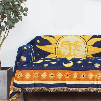 American Vintage Soare Dumnezeu Jacquard Tricotate Arunca Pătură Ciucure Indesata Canapea Pătură De Bumbac Soare Luna Acoperă Prosop Decor Textil