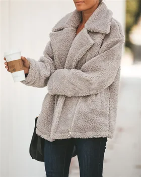 Fuzzy Fleece Jachete Femei De Iarnă Rever Gât Buzunar Haina De Moda Casual Cald Rever Maneca Lunga Zip Up Paltoane Supradimensionate Pentru Femei