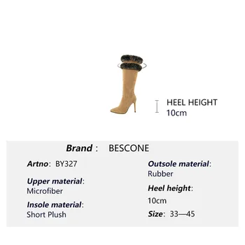 BESCONE Iarna Doamnelor Genunchi-Cizme Înalte de Bază Microfibra Subliniat de la Picior Toc Subțire Pantofi Noi lucrate Manual cu Fermoar Exterior Femei Cizme BM327