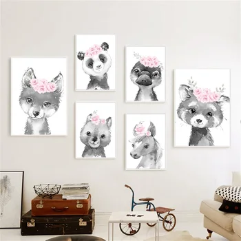 Ursul Vulpea Panda Cal Vacă Flori Arta De Perete Panza Pictura Nordică Postere Si Printuri Alb Negru Poze De Perete Pentru Camera Copii Decor