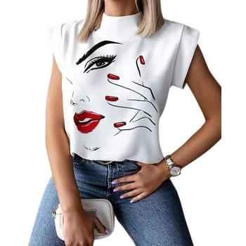 Fără Mâneci Buza De Imprimare Vrac Femei Tricouri De Vara Stand Gât Streetwear Camasi Casual Nou 2020 Moda Alb Tricou Femei Top